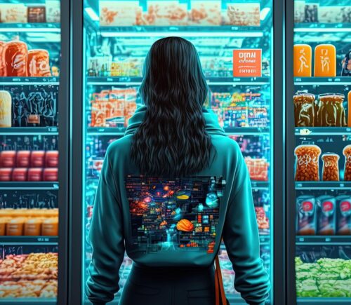 A cartoon of someone looking into a refrigerator at a supermarket