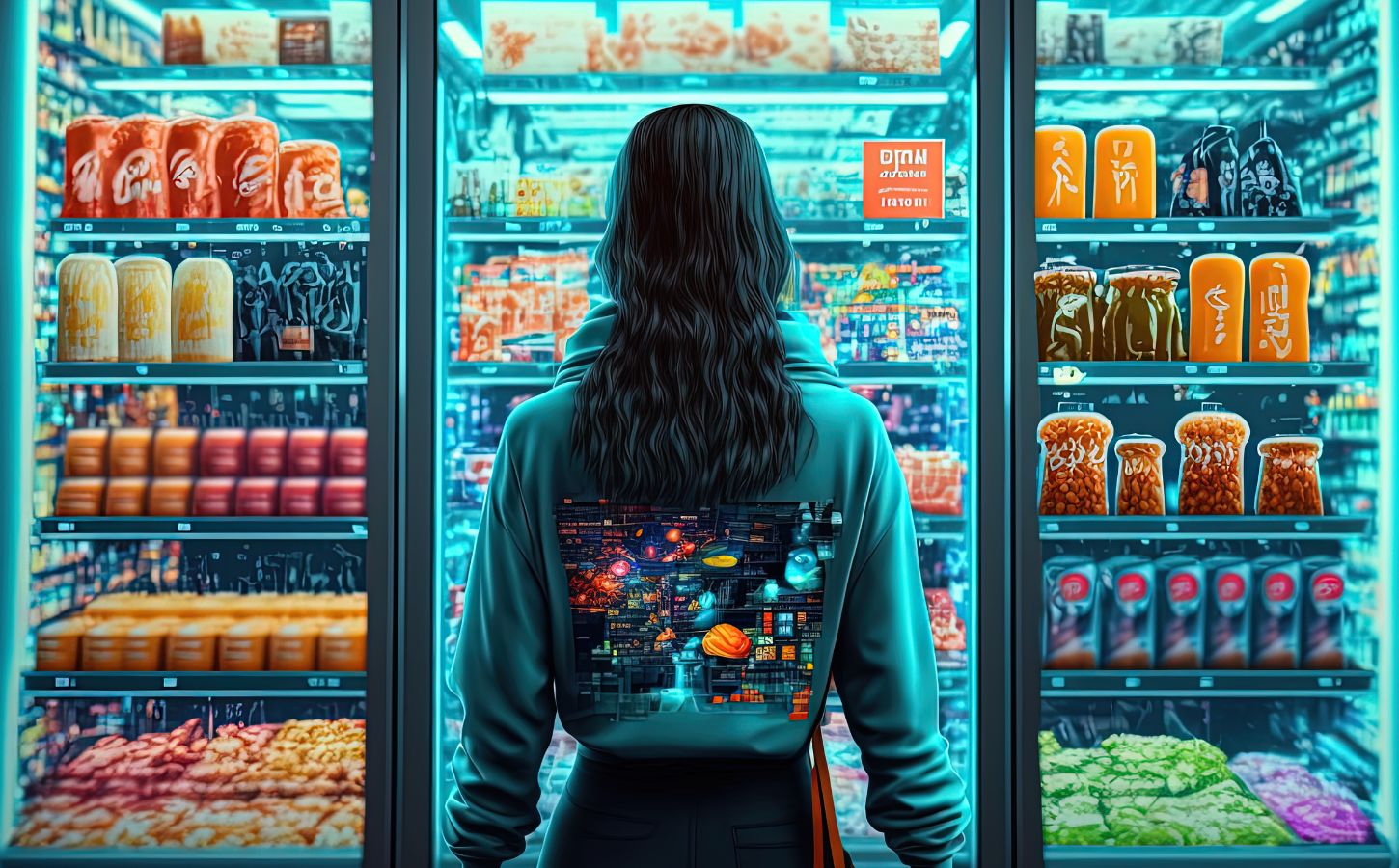 A cartoon of someone looking into a refrigerator at a supermarket