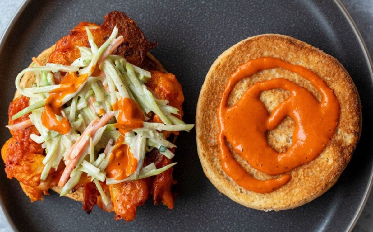 Photo shows a crispy fried cauliflower sandwich prepared to a vegan recipe