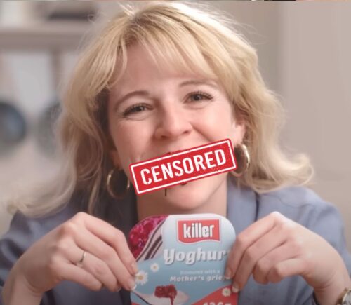 A still from a vegan advert from animal rights organization Viva! showing a woman eating a "killer yogurt" with a "censored" sign over her mouth