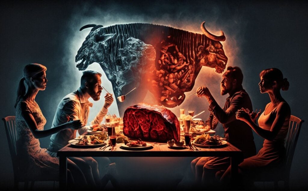 An abstract illustration of four people eating meat round the dinner table, with the outline of a cow in the background